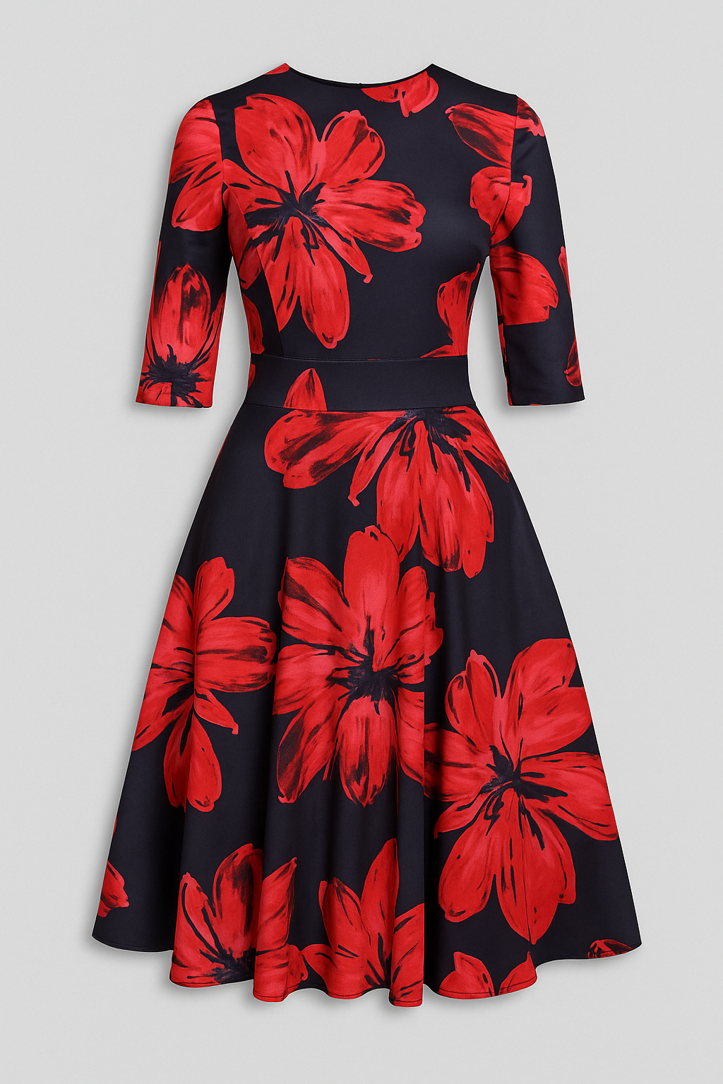 Retrozo | Elegant midikjole med blomsterprint og 3/4-ærmer - Rød - Retrozo | Elegant midikjole med blomsterprint og 3/4-ærmer- € - {{ product_tags }