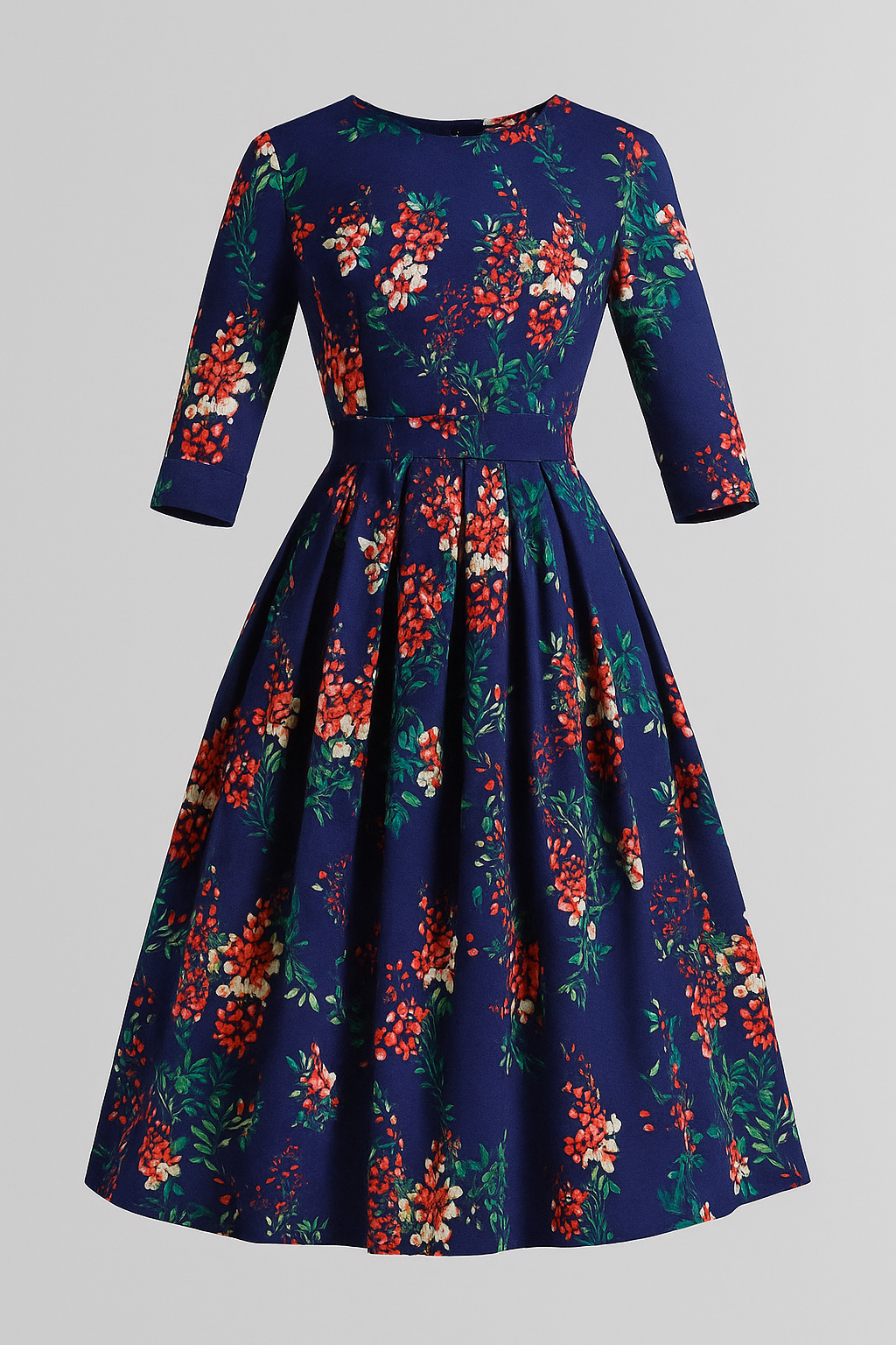 Retrozo | Elegant midikjole med blomsterprint og 3/4-ærmer - Violet - Retrozo | Elegant midikjole med blomsterprint og 3/4-ærmer- € - {{ product_tags }