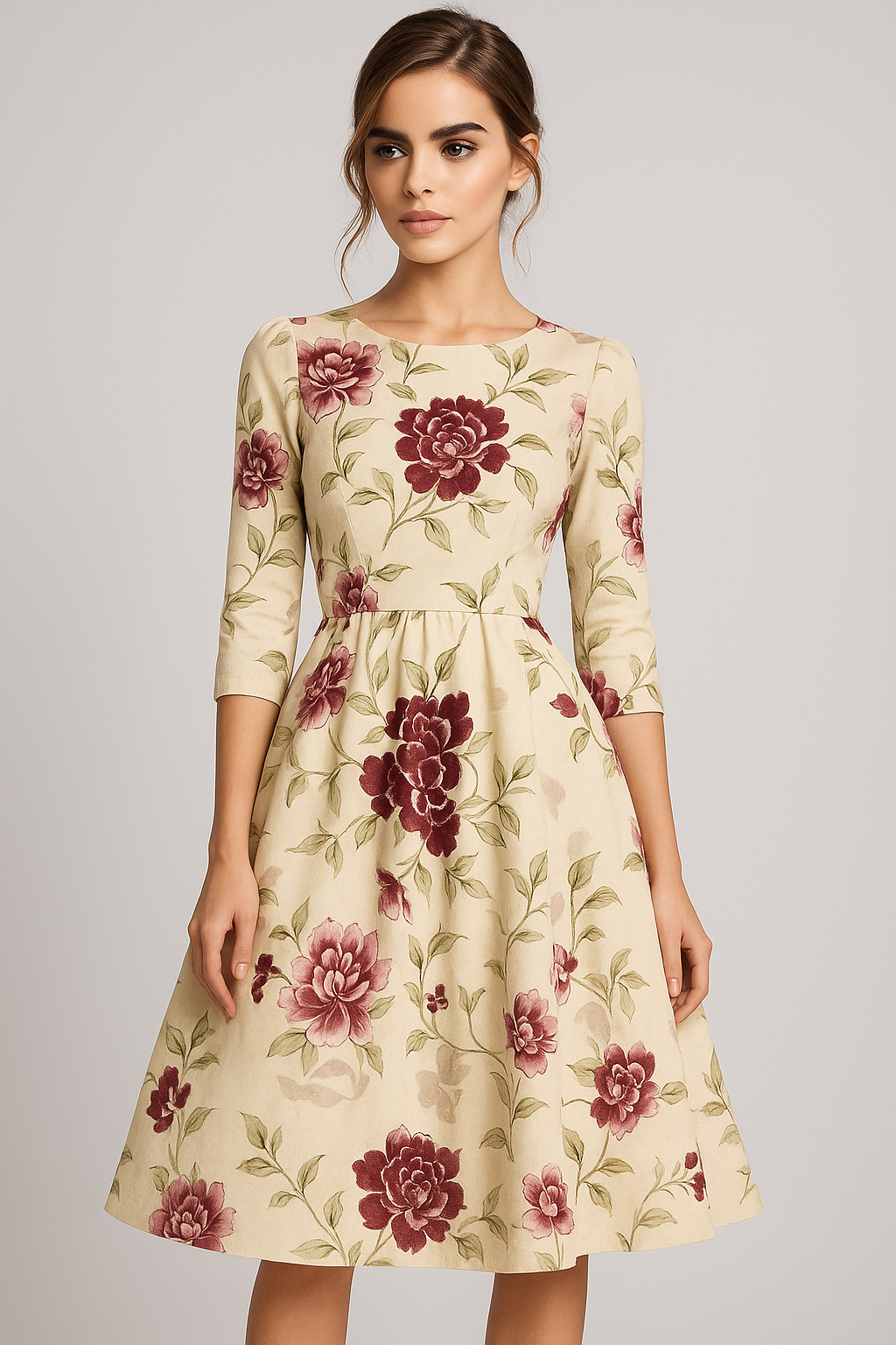 Retrozo | Elegant midikjole med blomsterprint og 3/4-ærmer - - Retrozo | Elegant midikjole med blomsterprint og 3/4-ærmer- € - {{ product_tags }