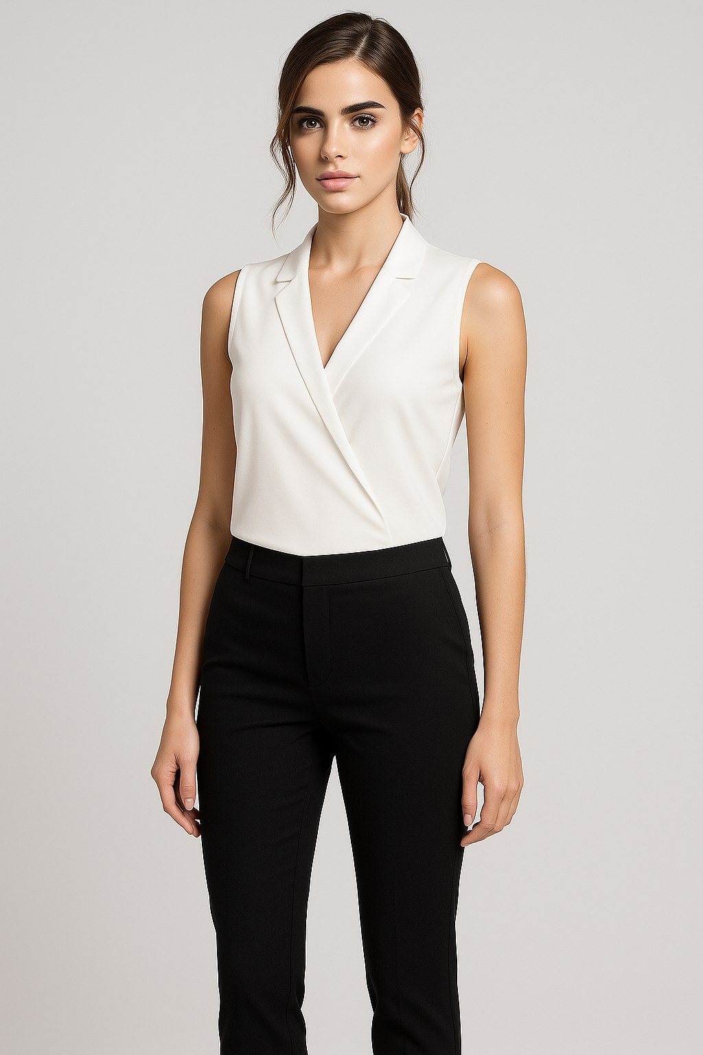 Elena | Ærmeløs bluse med V-udskæring og ståkrave - - Elena | Ærmeløs bluse med V-udskæring og ståkrave - € - {{ product_tags }