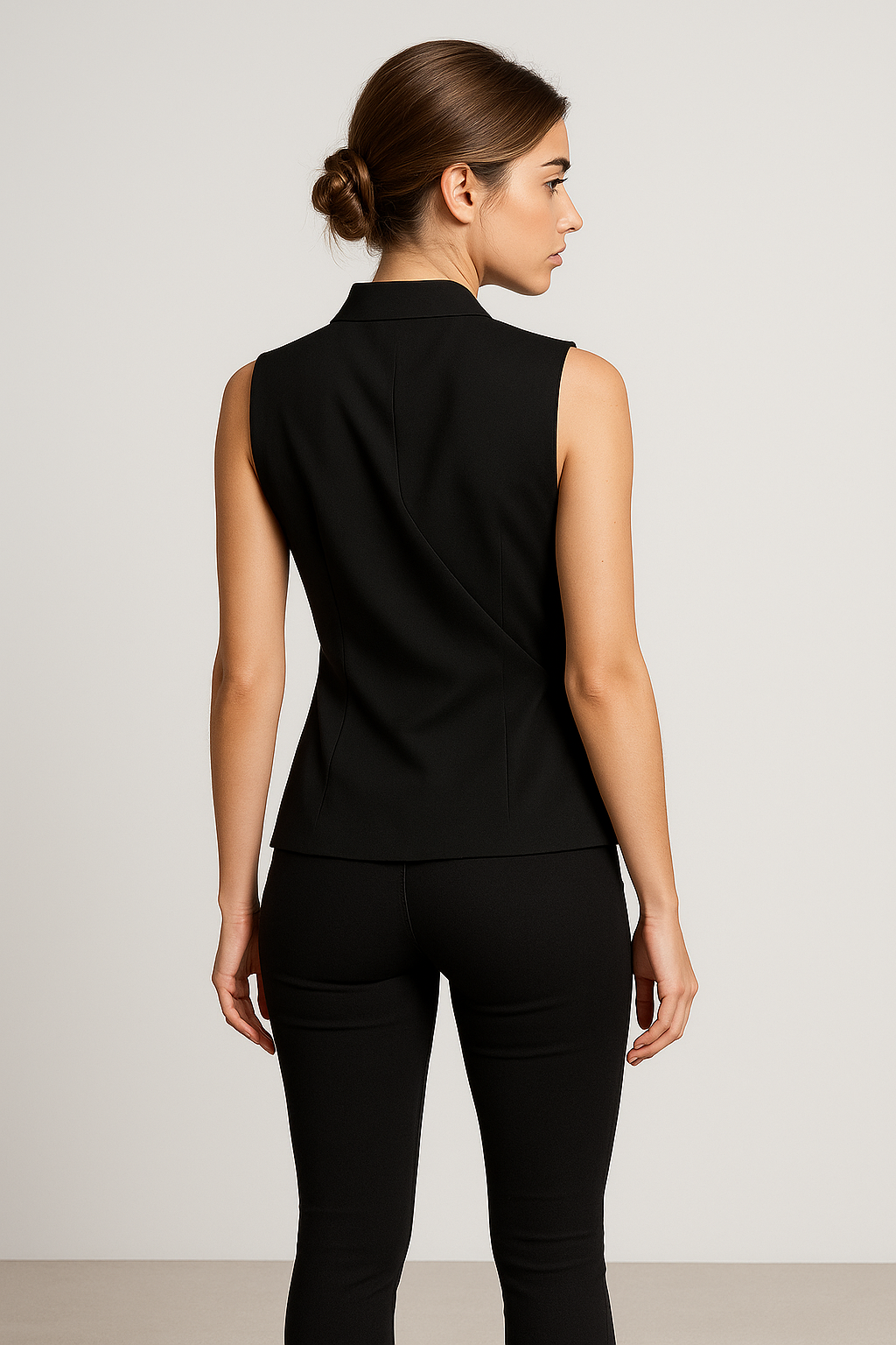 Elena | Ærmeløs bluse med V-udskæring og ståkrave - - Elena | Ærmeløs bluse med V-udskæring og ståkrave - € - {{ product_tags }