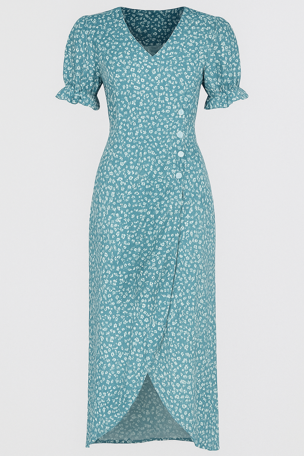 Marie | Blomstret midikjole med V-udskæring og sidestilleknapper - Blau - Marie | Blomstret midikjole med V-udskæring og sidestilleknapper - €25 - {{ product_tags }