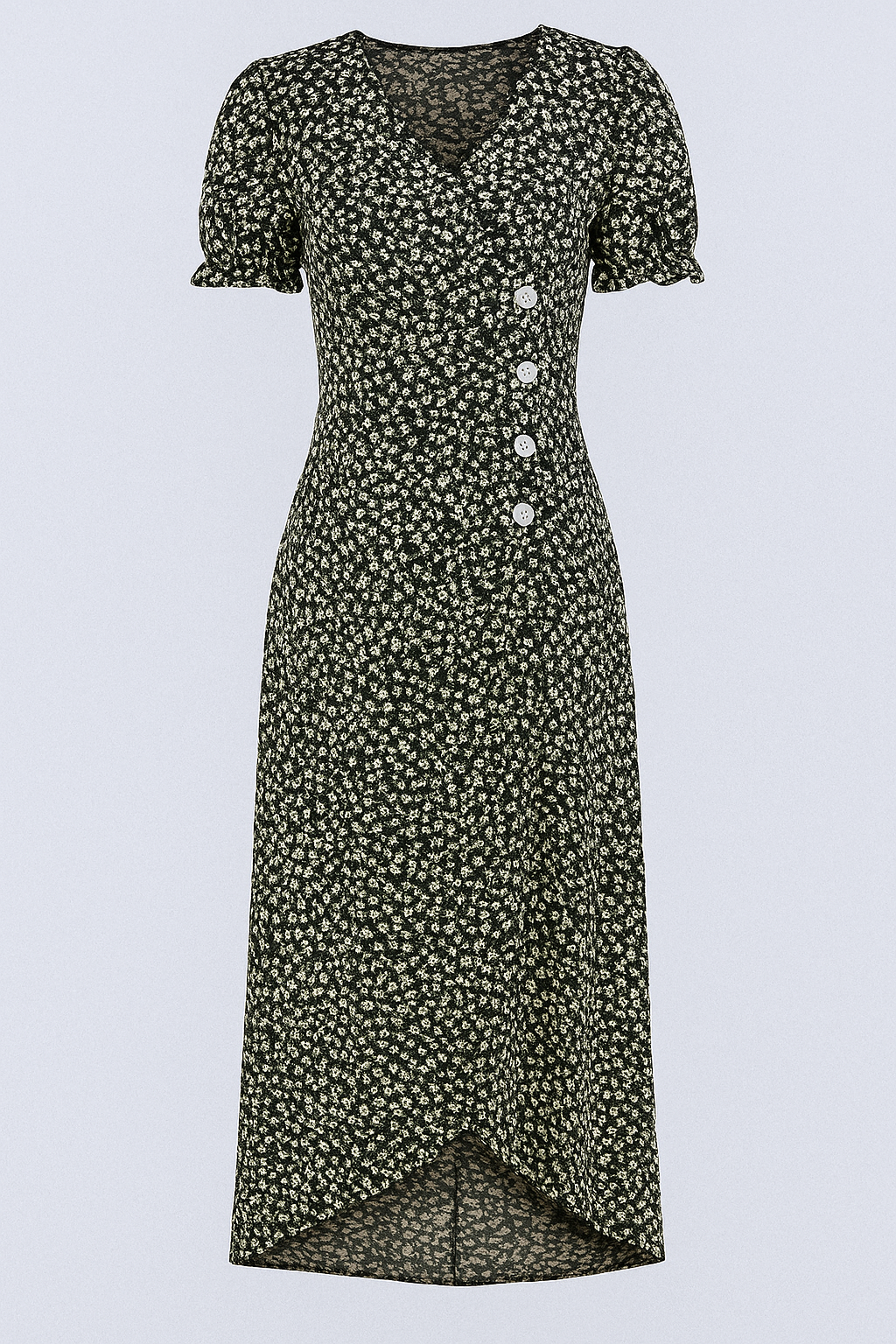 Marie | Blomstret midikjole med V-udskæring og sidestilleknapper - Schwarz - Marie | Blomstret midikjole med V-udskæring og sidestilleknapper - €25 - {{ product_tags }