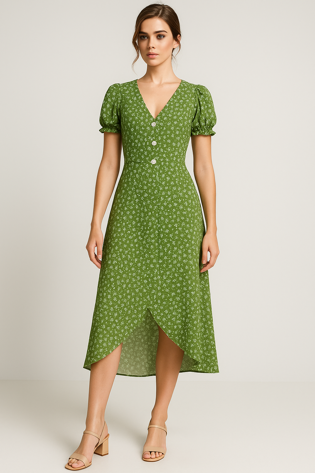 Marie | Blomstret midikjole med V-udskæring og sidestilleknapper - - Marie | Blomstret midikjole med V-udskæring og sidestilleknapper - €25 - {{ product_tags }