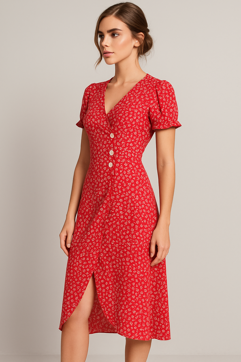 Marie | Blomstret midikjole med V-udskæring og sidestilleknapper - - Marie | Blomstret midikjole med V-udskæring og sidestilleknapper - €25 - {{ product_tags }