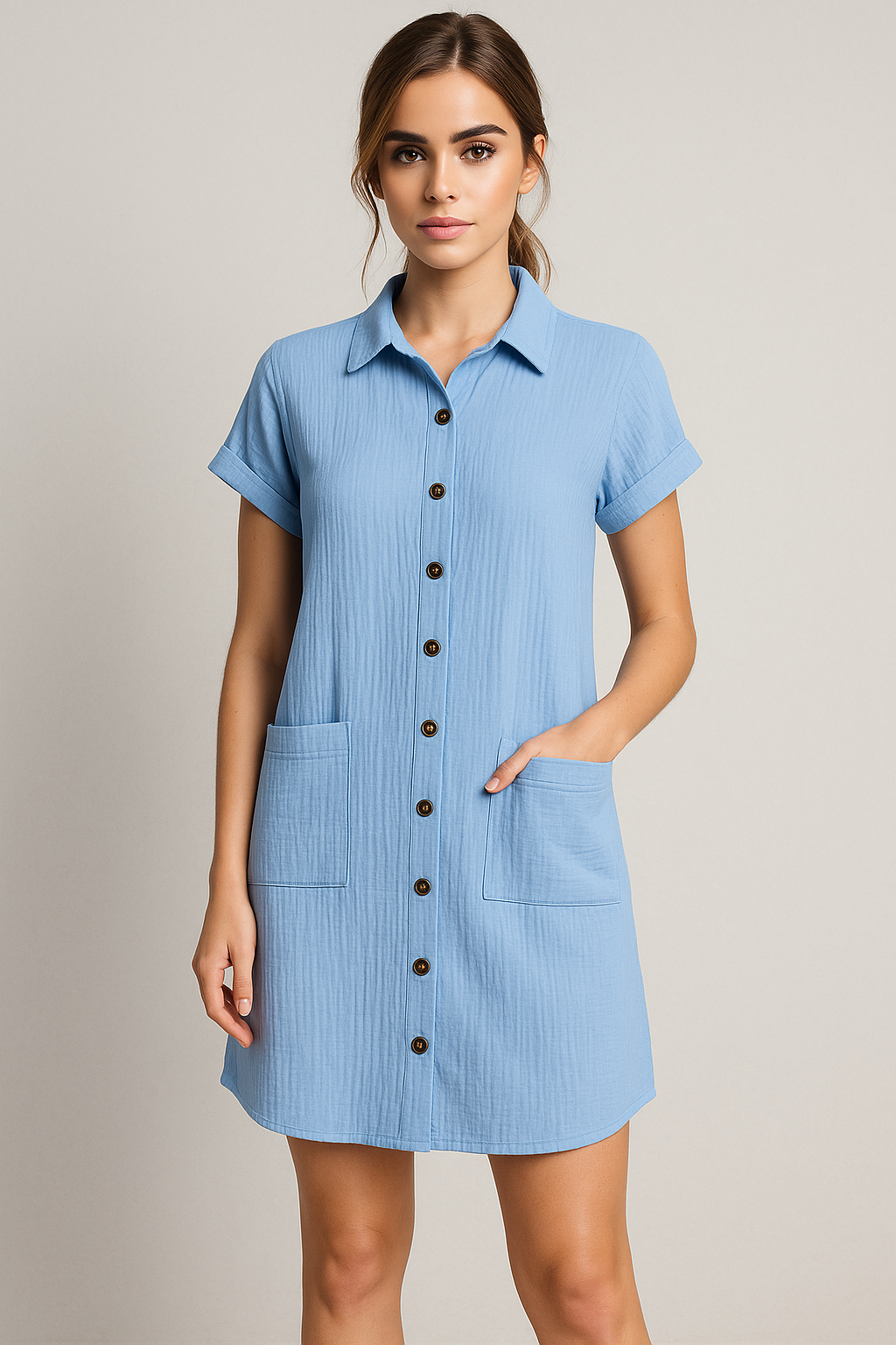 Margaret | Blusenkjole af vaffelbomuld med knaplukning - - Margaret | Blusenkjole af vaffelbomuld med knaplukning €25 - {{ product_tags }