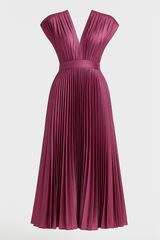 Amora | Women's Elegant Pleated Midi Dress with V-Neck