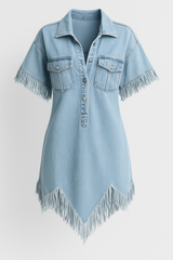 Dakota | Denim Shirt Dress with Fringe and Chest Pockets