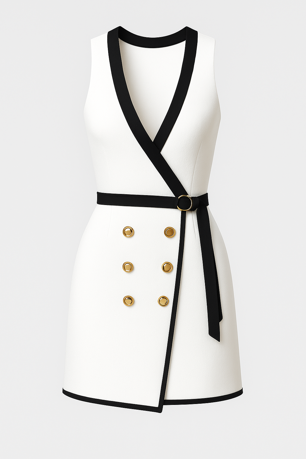 Victoria | Elegant hvid-sort omslagskorte kjole med gyldenknapper - Hvid - Victoria | Elegant hvid-sort omslagskorte kjole med gyldenknapper- €25 - {{ product_tags }