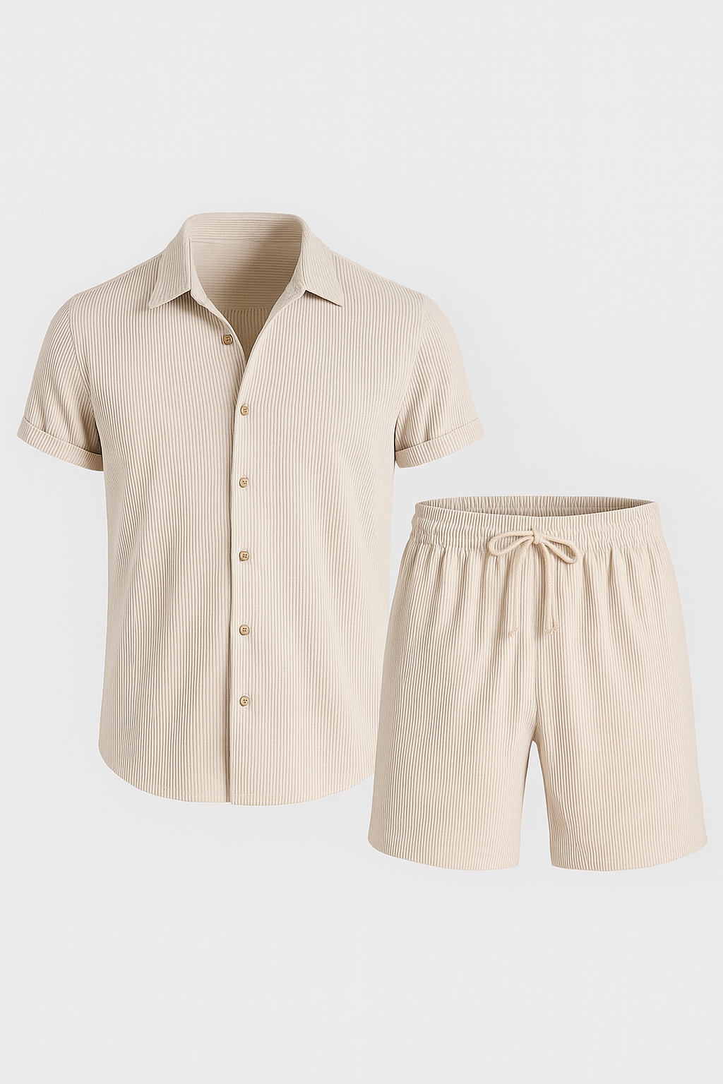 Jasper | Sommer sæt i bomuld med kortærmet skjorte og elastiske shorts - Beige - Jasper | Sommer sæt i bomuld med kortærmet skjorte og elastiske shorts - €25 - {{ product_tags }
