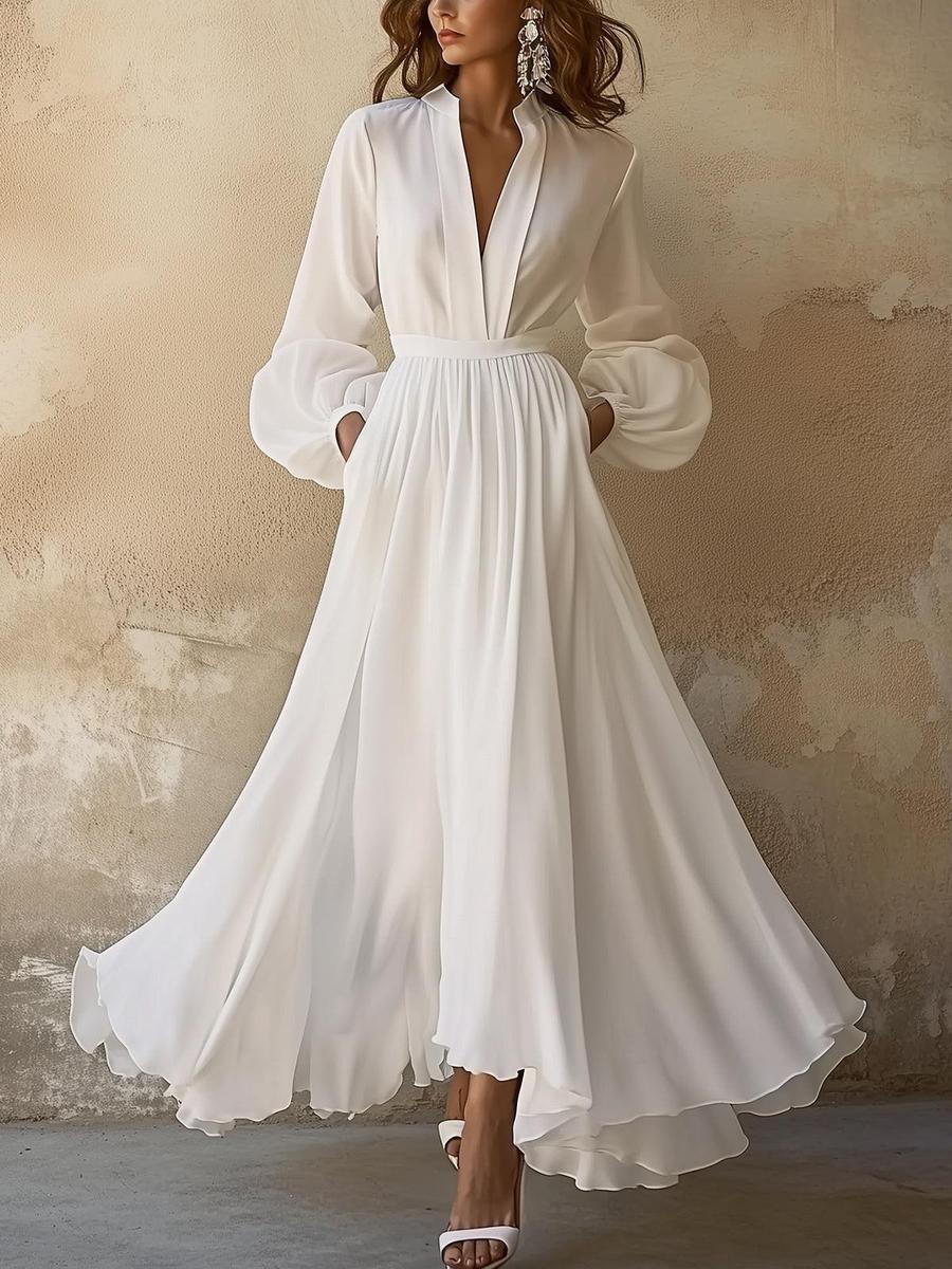 Nete | Elegantes langes Vintage-Kjole med V-Ausschnitt i Hvid Dame