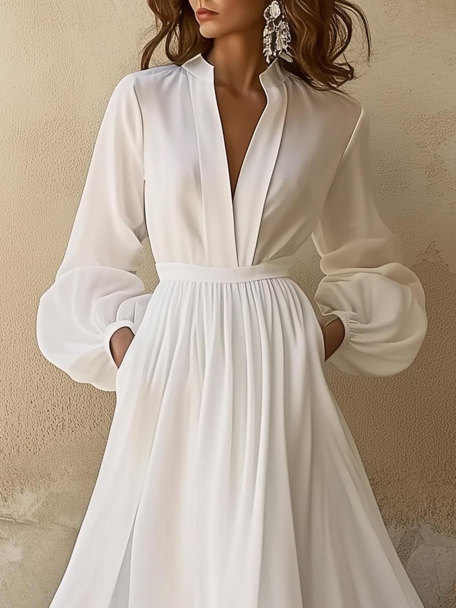 Nete | Elegantes langes Vintage-Kjole med V-Ausschnitt i Hvid Dame