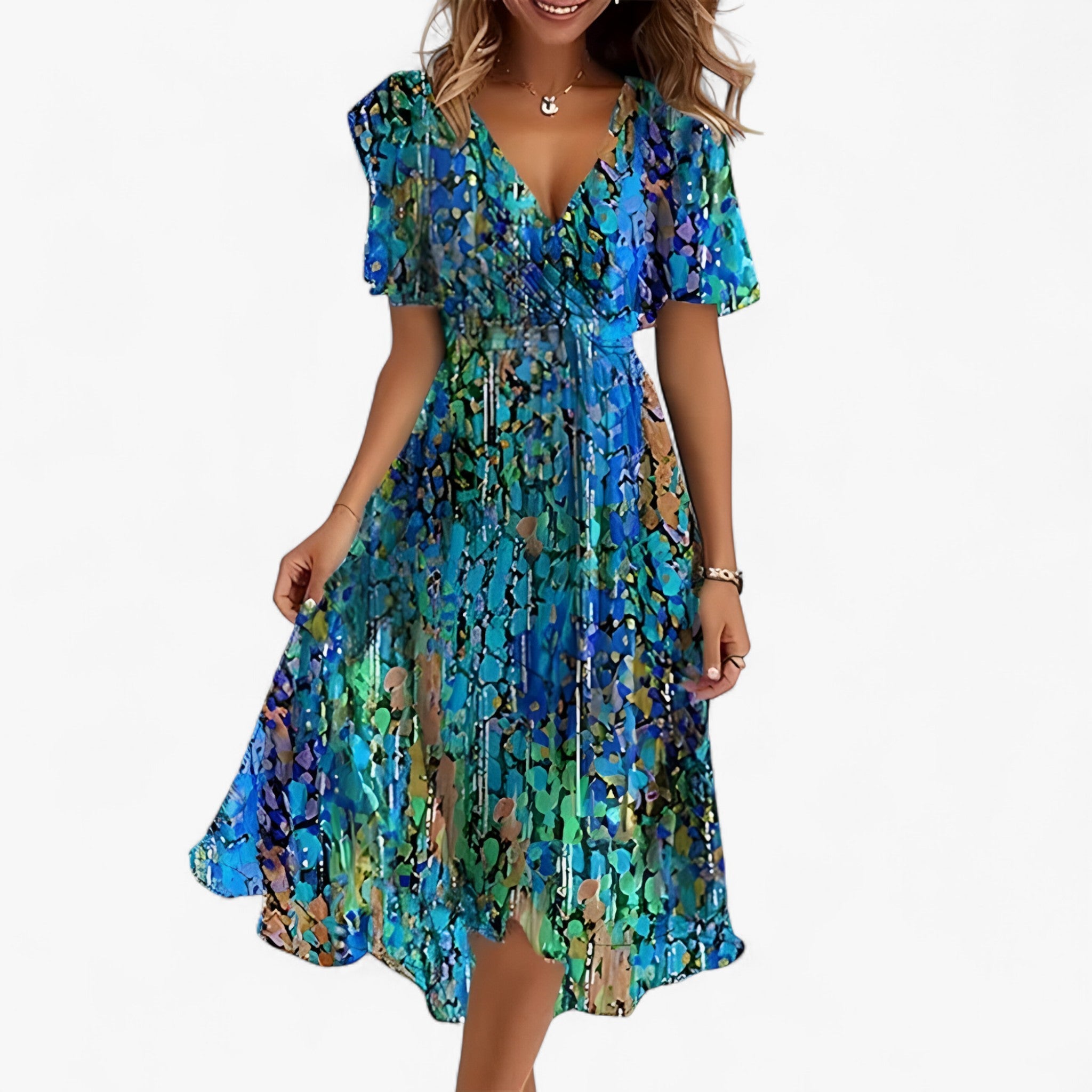 Emilia | Elegant midi kjole med neutral blomsterprint - Blå - women's fashion - {{ product_tags }