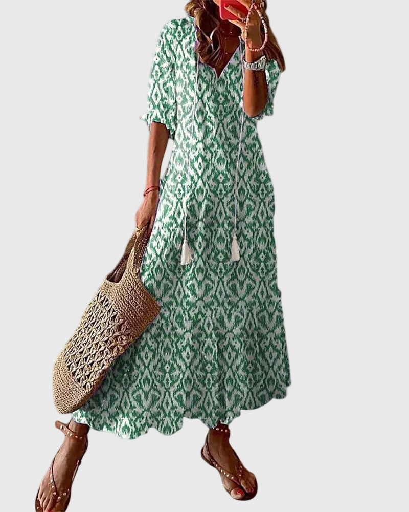 Amalia | Boho Vintage Sommer Maxikjole - Grøn - Tøj > Kjoler - {{ product_tags }