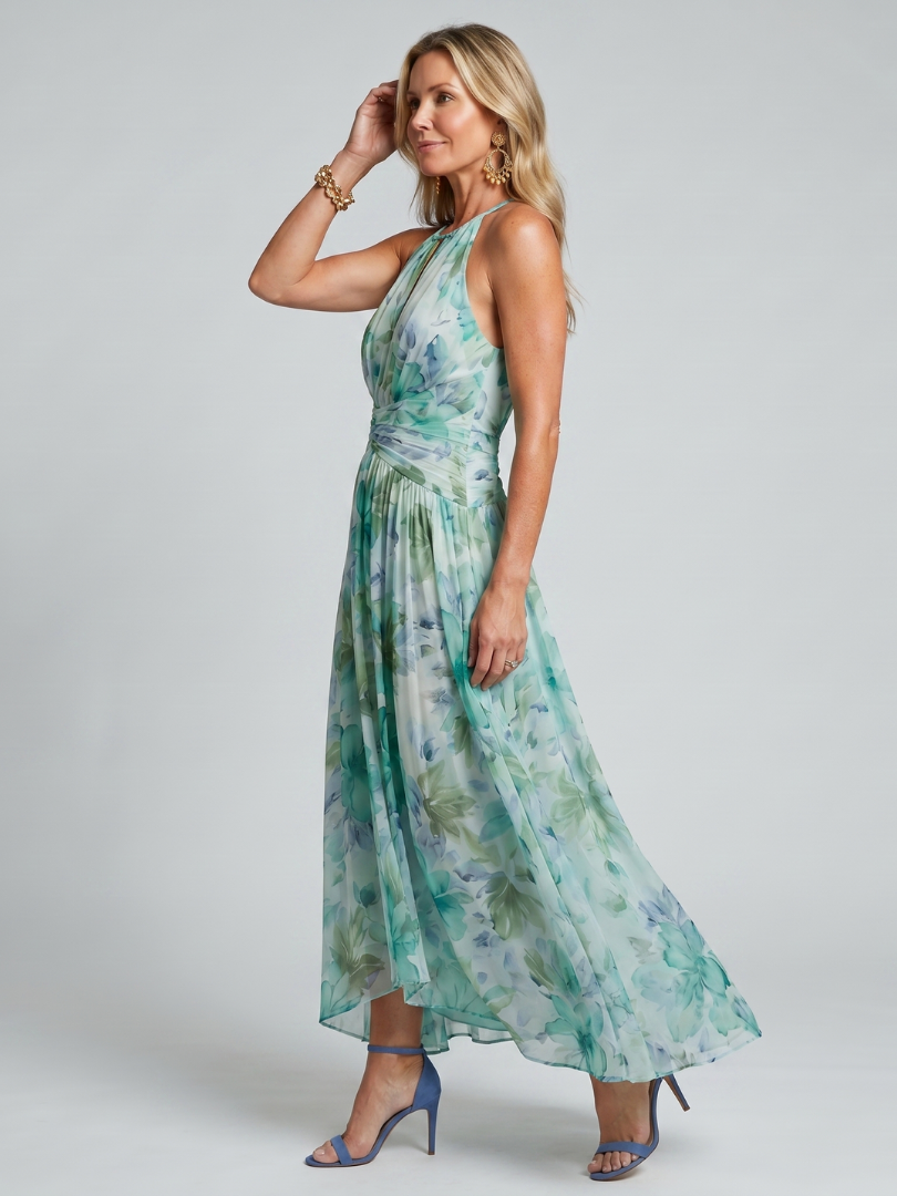 Portia | Plisseret Halter Midikjole i blødt blomstermønster