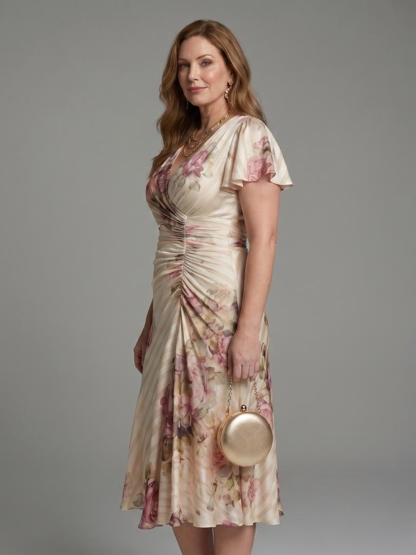 Katarina | Flutter Sleeve Wrap Floral Stripe Print Midi-kjole