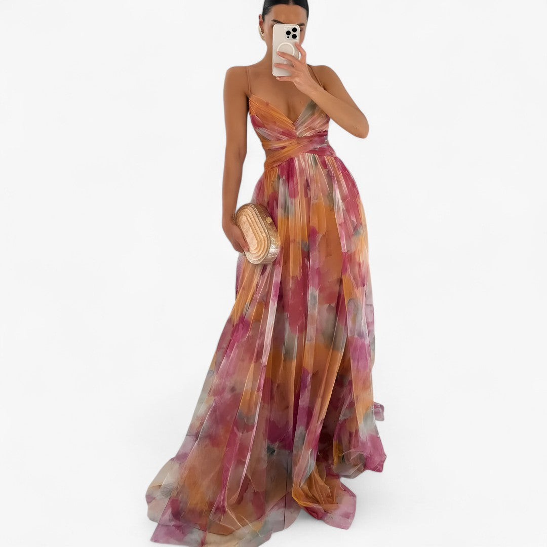 Lucia | Flydende pastelfarvet lang kjole med akvareleffekt - - women's fashion - {{ product_tags }