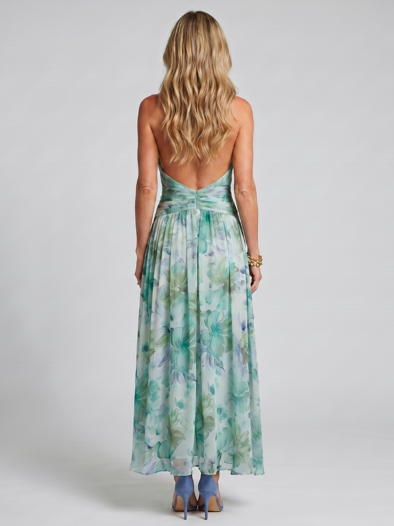 Portia | Plisseret Halter Midikjole i blødt blomstermønster