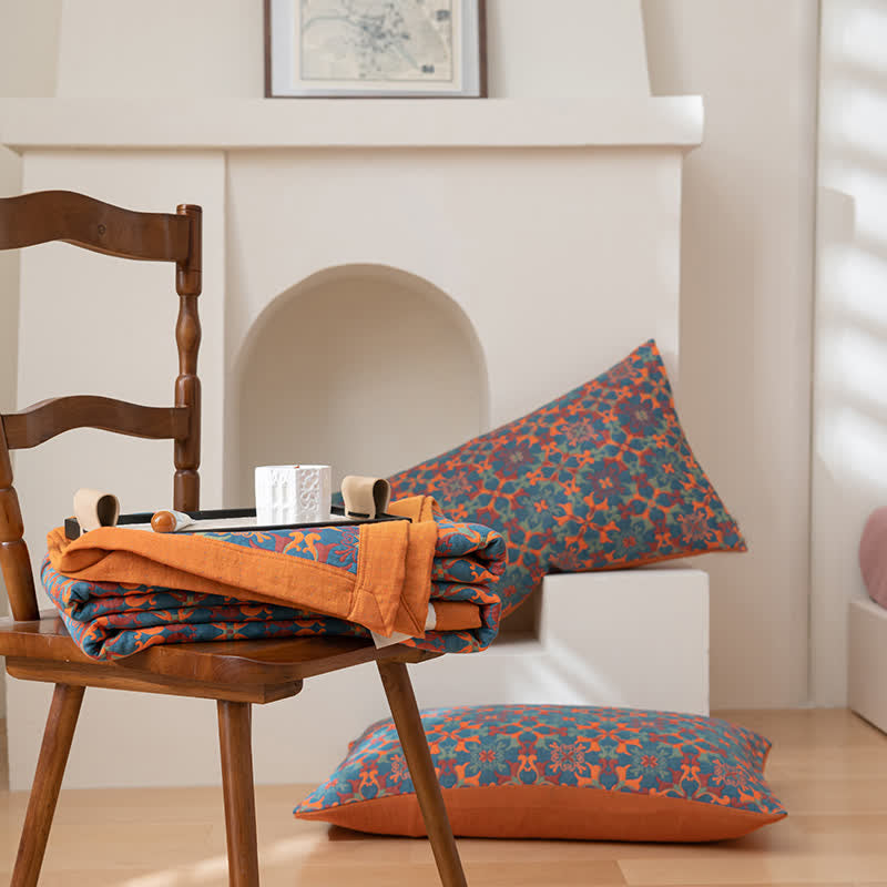 Etnisk stil | Bomuld quilt i seks lag med orange og blå mønster - - Etnisk stil | Bomuld quilt i seks lag med orange og blå mønster - €25 - {{ product_tags }