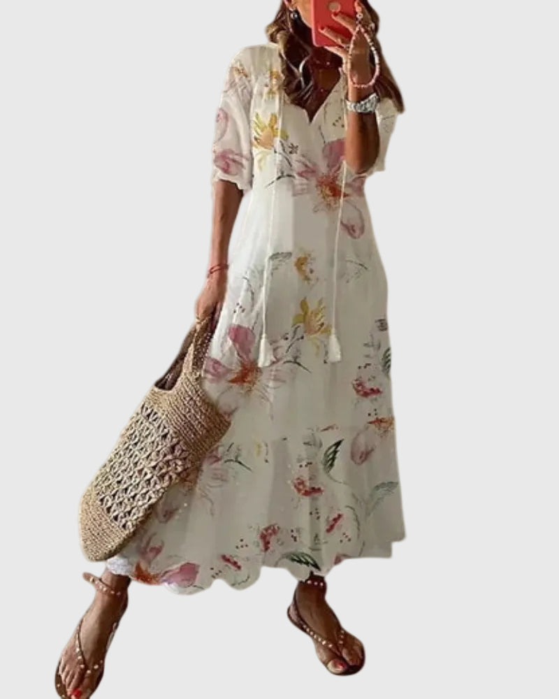 Amalia | Boho Vintage Sommer Maxikjole - Hvid - Tøj > Kjoler - {{ product_tags }