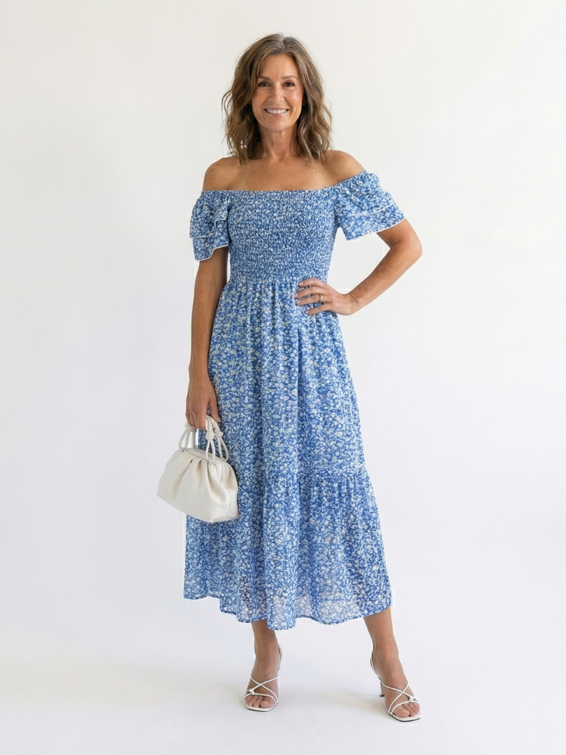 Odette | Off Shoulder Floral Smocked Midi-kjole