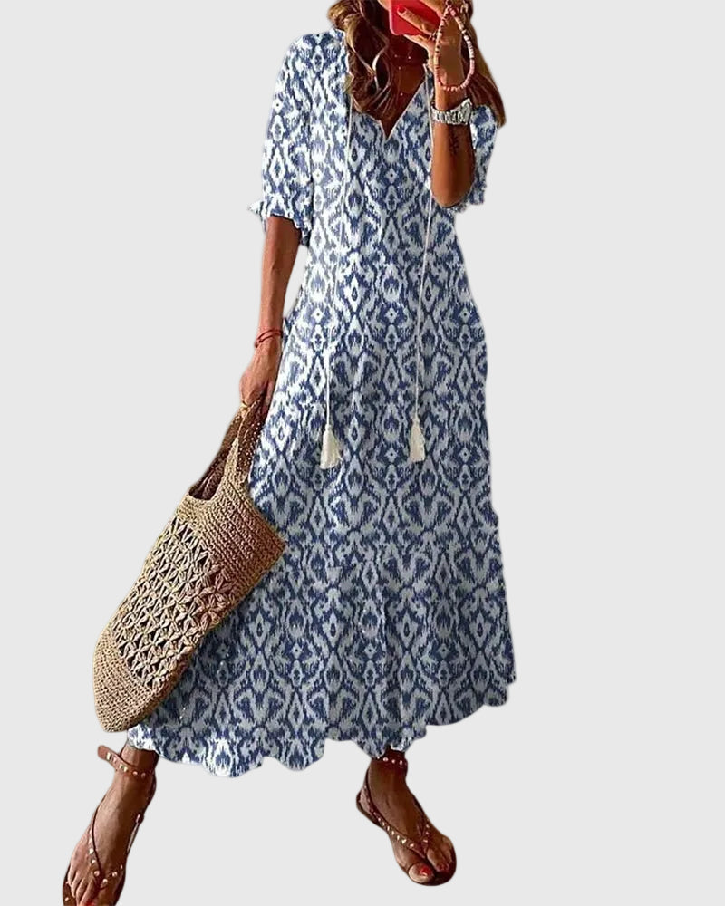 Amalia | Boho Vintage Sommer Maxikjole - Blå - Tøj > Kjoler - {{ product_tags }