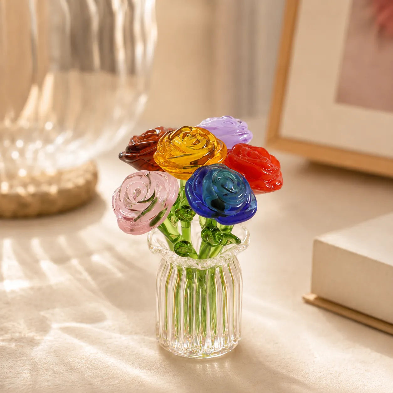 Glasblomstersæt Miniatyr - Håndblæst Glas, Evig Dekoration Inkl. - 6pcs Rose Sæt + Vase - 0 - {{ product_tags }