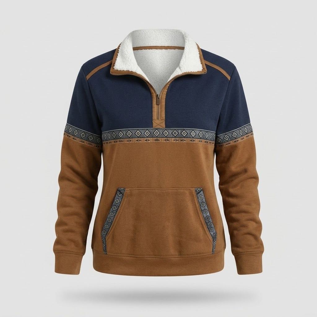Dame Sweater - Halv Lynlaas med Sherpa-Krave, Cognac