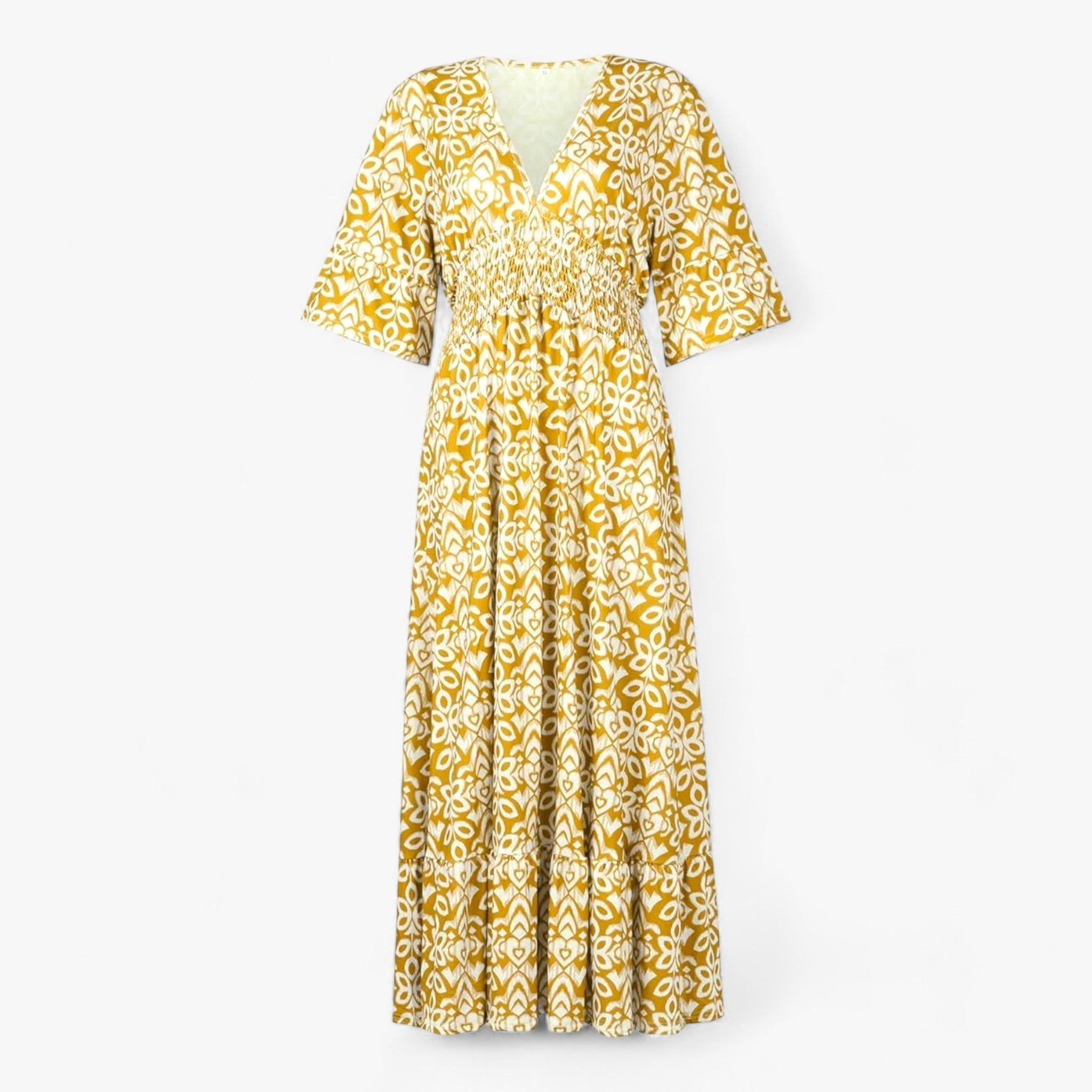 Flora | Stort blomstret V-halskjole - Perfekt til strandferier - Gul - women's fashion - {{ product_tags }
