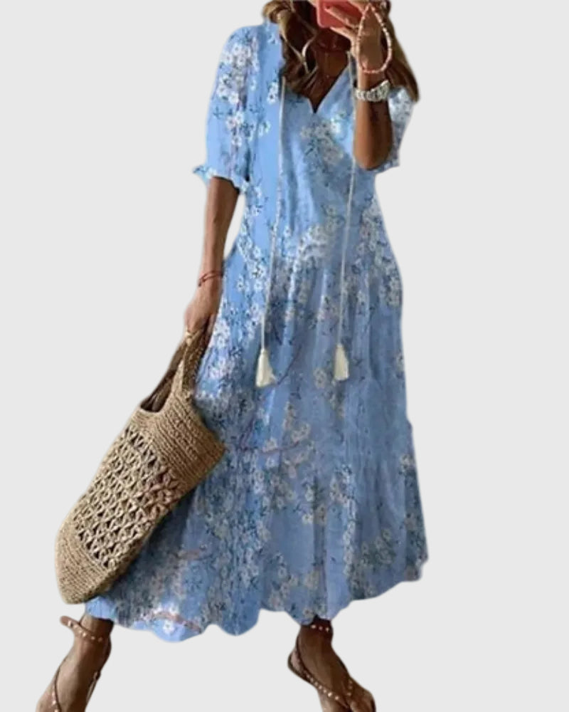 Amalia | Boho Vintage Sommer Maxikjole - Lyseblå - Tøj > Kjoler - {{ product_tags }