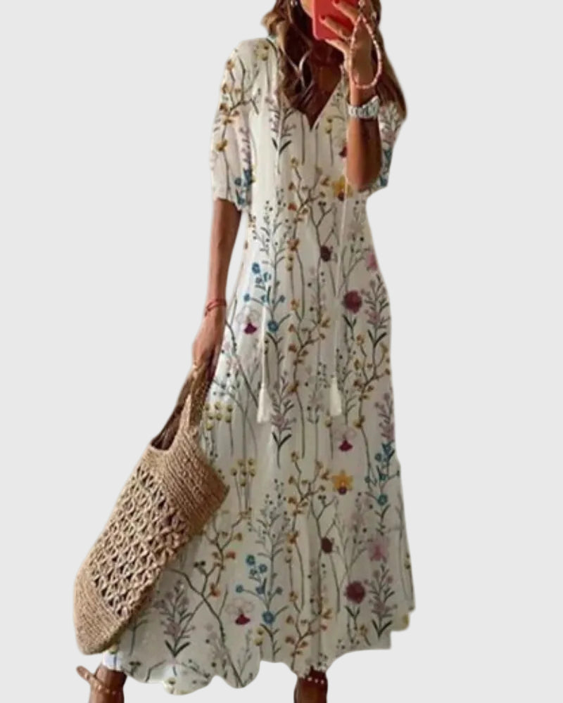 Amalia | Boho Vintage Sommer Maxikjole - Blomstret - Tøj > Kjoler - {{ product_tags }