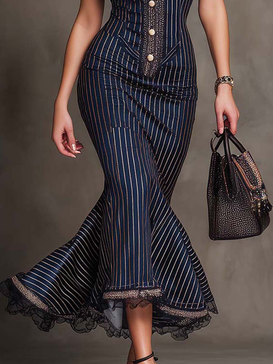 Rikke | Timeless Vintage Pinstripe Lace-Trim Midi Kjole