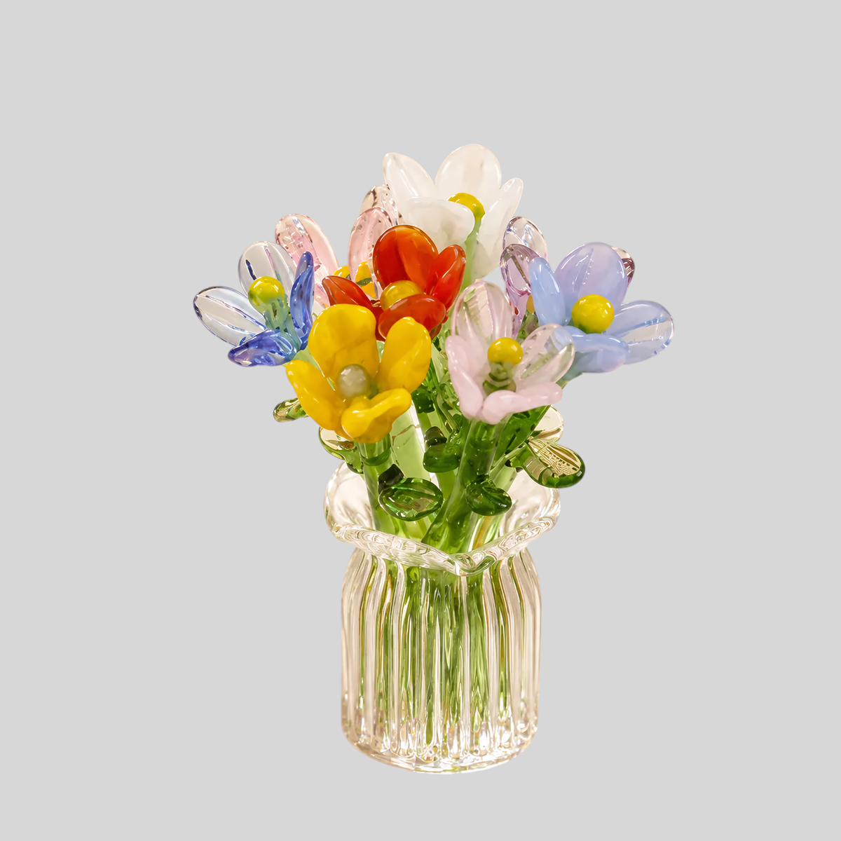 Glasblomstersæt Miniatyr - Håndblæst Glas, Evig Dekoration Inkl. - 7pcs Bloom Sæt + Vase - 0