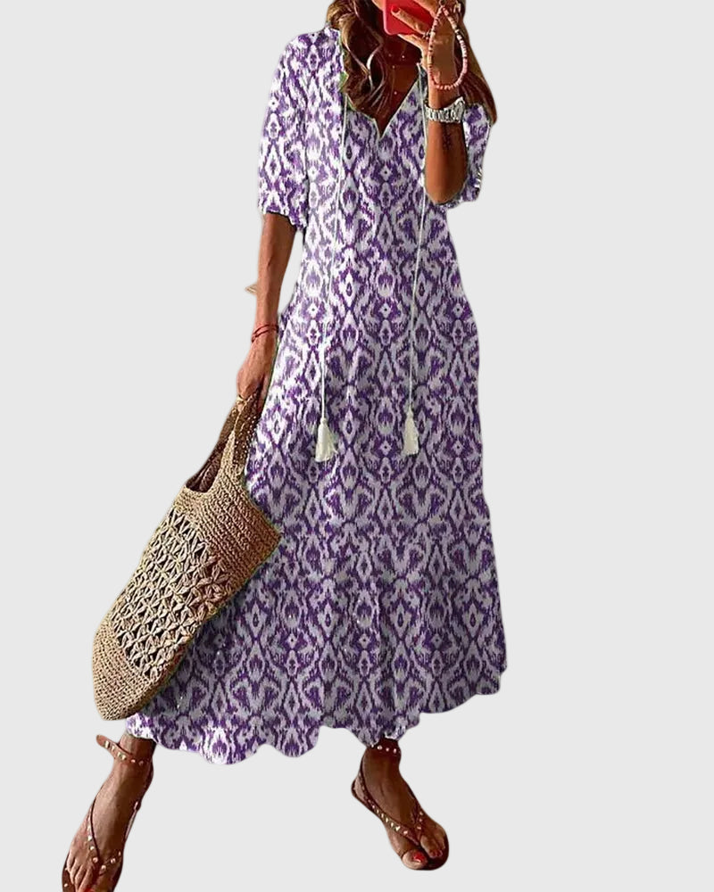 Amalia | Boho Vintage Sommer Maxikjole - Lilla - Tøj > Kjoler - {{ product_tags }