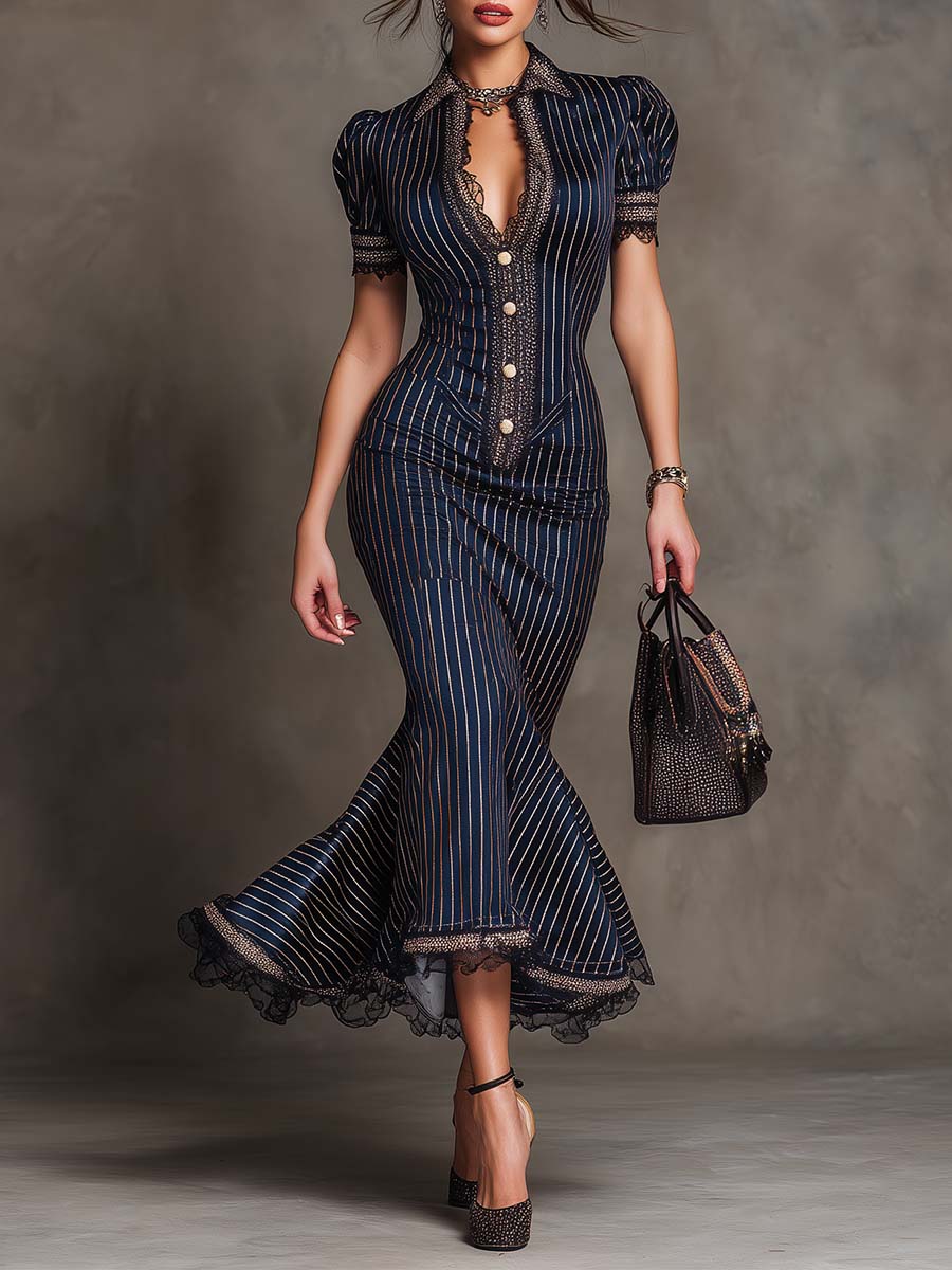 Rikke | Timeless Vintage Pinstripe Lace-Trim Midi Kjole