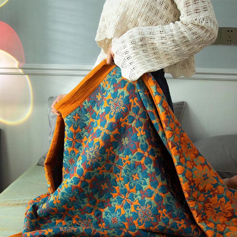 Etnisk stil | Bomuld quilt i seks lag med orange og blå mønster - - Etnisk stil | Bomuld quilt i seks lag med orange og blå mønster - €25 - {{ product_tags }