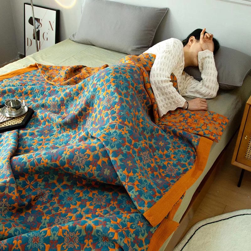 Etnisk stil | Bomuld quilt i seks lag med orange og blå mønster - - Etnisk stil | Bomuld quilt i seks lag med orange og blå mønster - €25 - {{ product_tags }