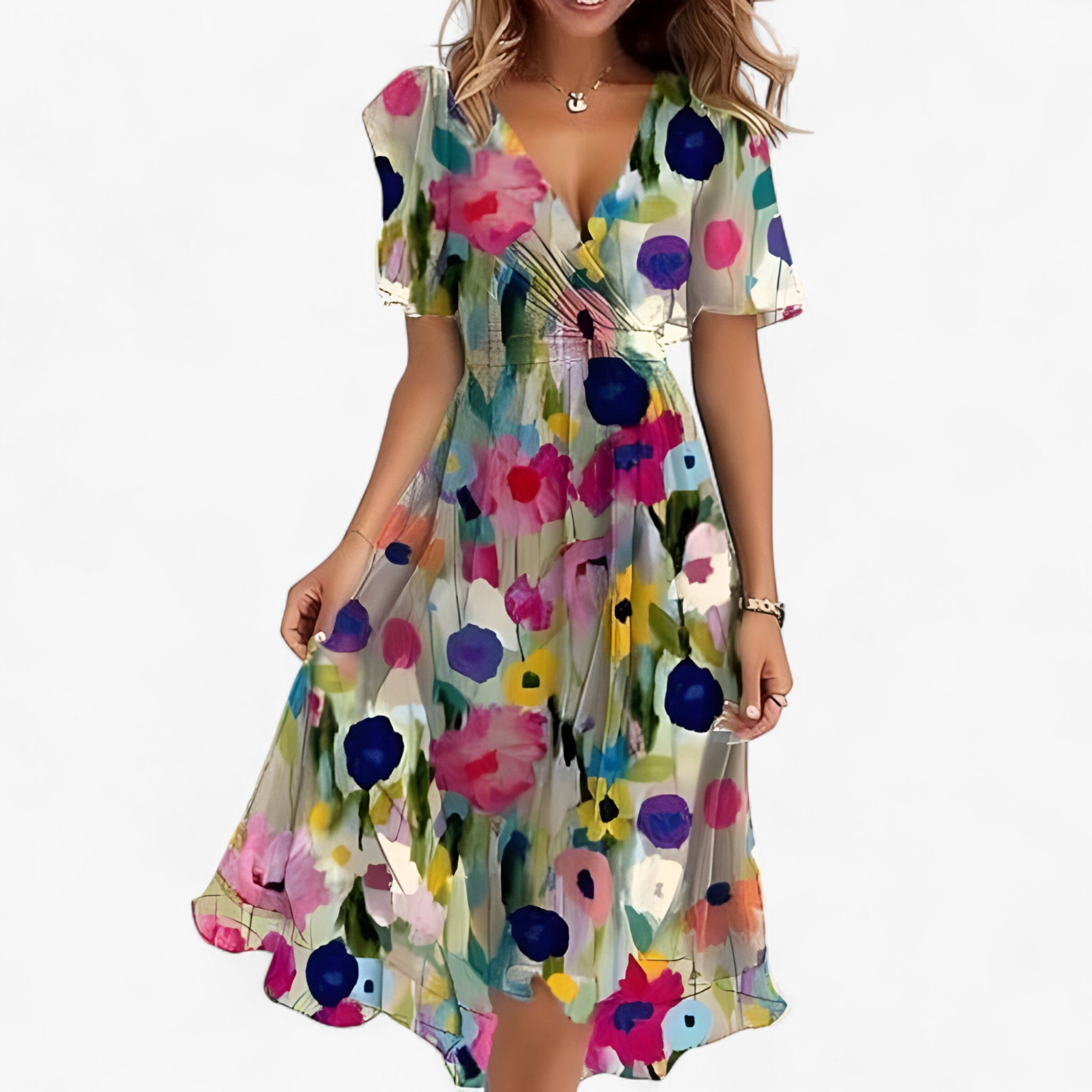 Emilia | Elegant midi kjole med neutral blomsterprint - Multifarvet - women's fashion - {{ product_tags }