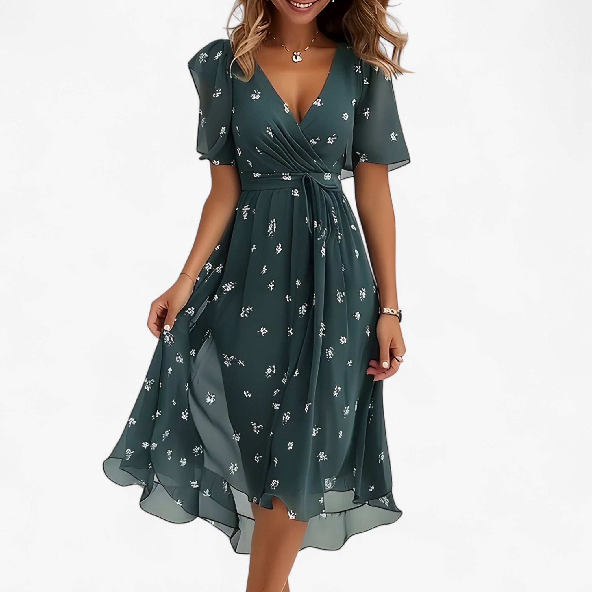 Emilia | Elegant midi kjole med neutral blomsterprint - Grøn - women's fashion - {{ product_tags }