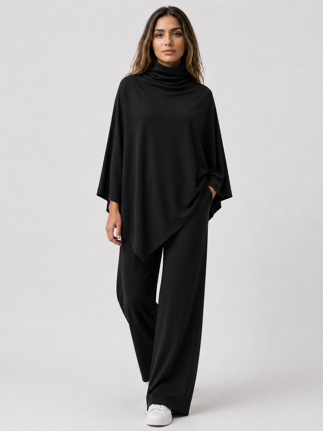 Diana | Alyris Kvinder's Two-Piece Poncho Sæt – Cowl Neck Top & Straight-Leg Bukser