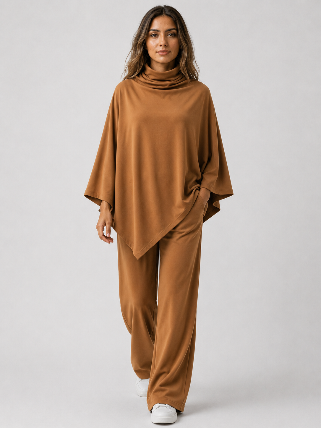 Diana | Alyris Kvinder's Two-Piece Poncho Sæt – Cowl Neck Top & Straight-Leg Bukser