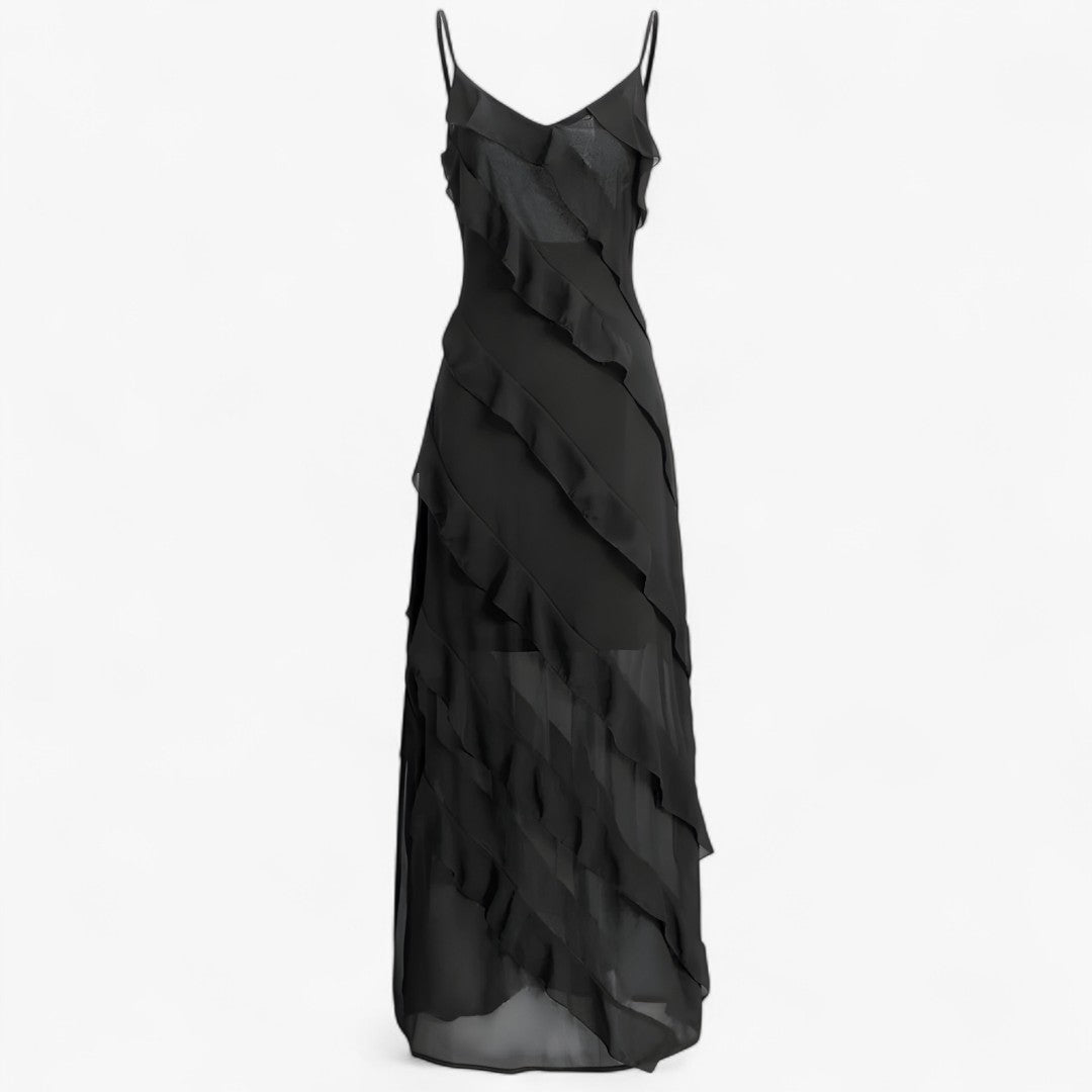 Grace | Lang kjole med tynde stropper og lagdelt volant - Sort - women's fashion - {{ product_tags }