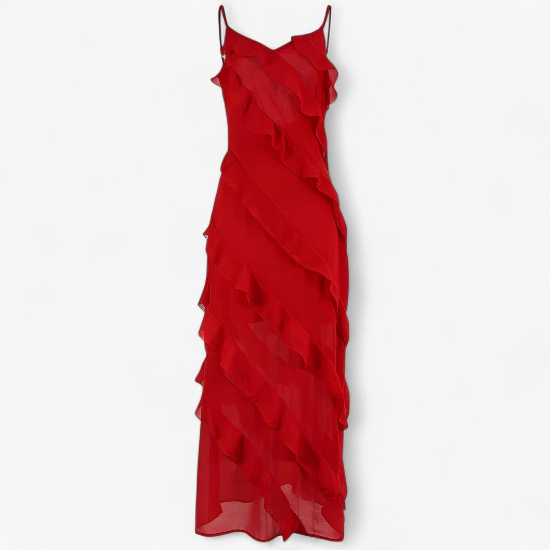 Grace | Lang kjole med tynde stropper og lagdelt volant - Rød - women's fashion - {{ product_tags }