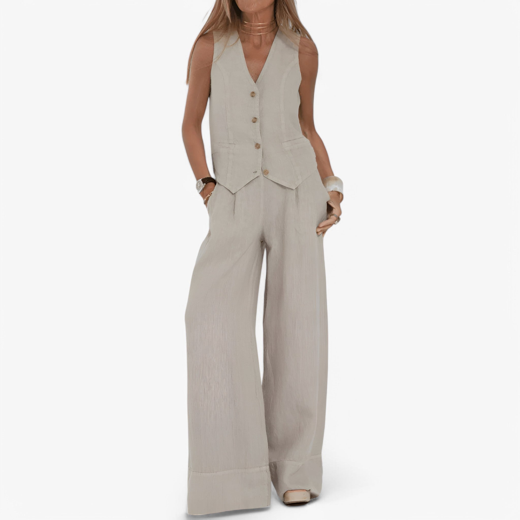 Lina | Ærmeløs vest (med gratis koordinerede bukser) - Beige - women's fashion - {{ product_tags }