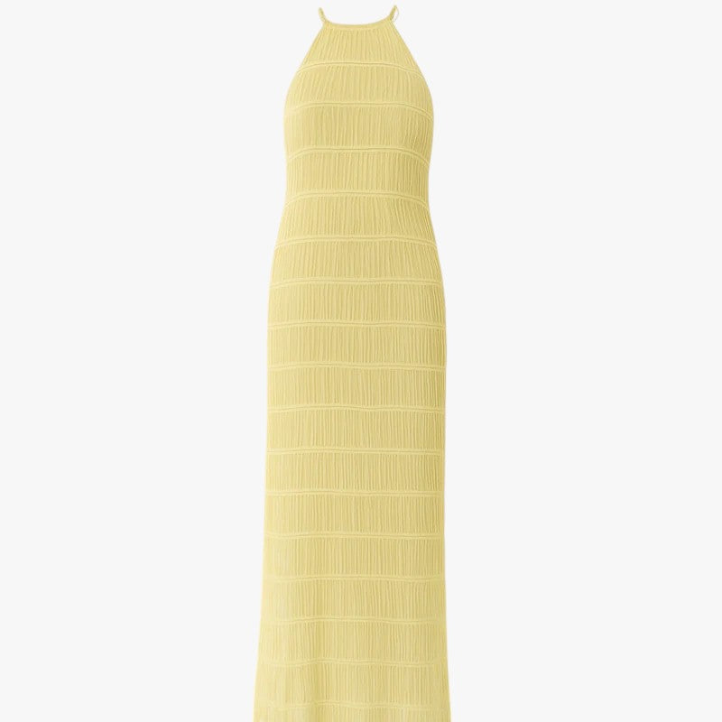 Isla | Lang kjole uden ryg med patchworkdetaljer til sommerferien - Gul - women's fashion - {{ product_tags }