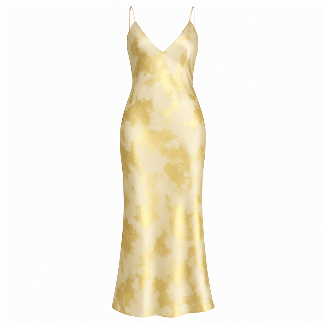 Aurora | Guldtonet satin slipkjole – Rygløs, flagrende elegance - Guld - women's fashion - {{ product_tags }