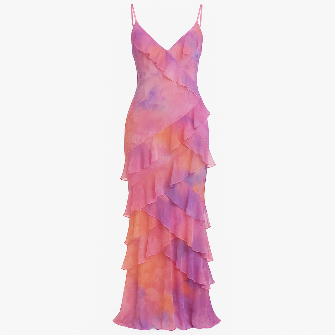 Aurora | Flæsekjole – Pastelblomster og elegante lag - Lyserød - women's fashion - {{ product_tags }
