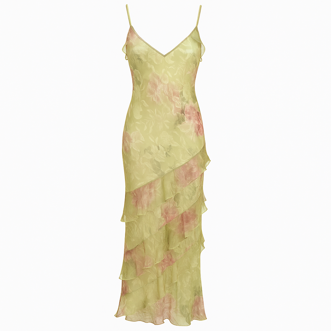 Aurora | Flæsekjole – Pastelblomster og elegante lag - Guld - women's fashion - {{ product_tags }