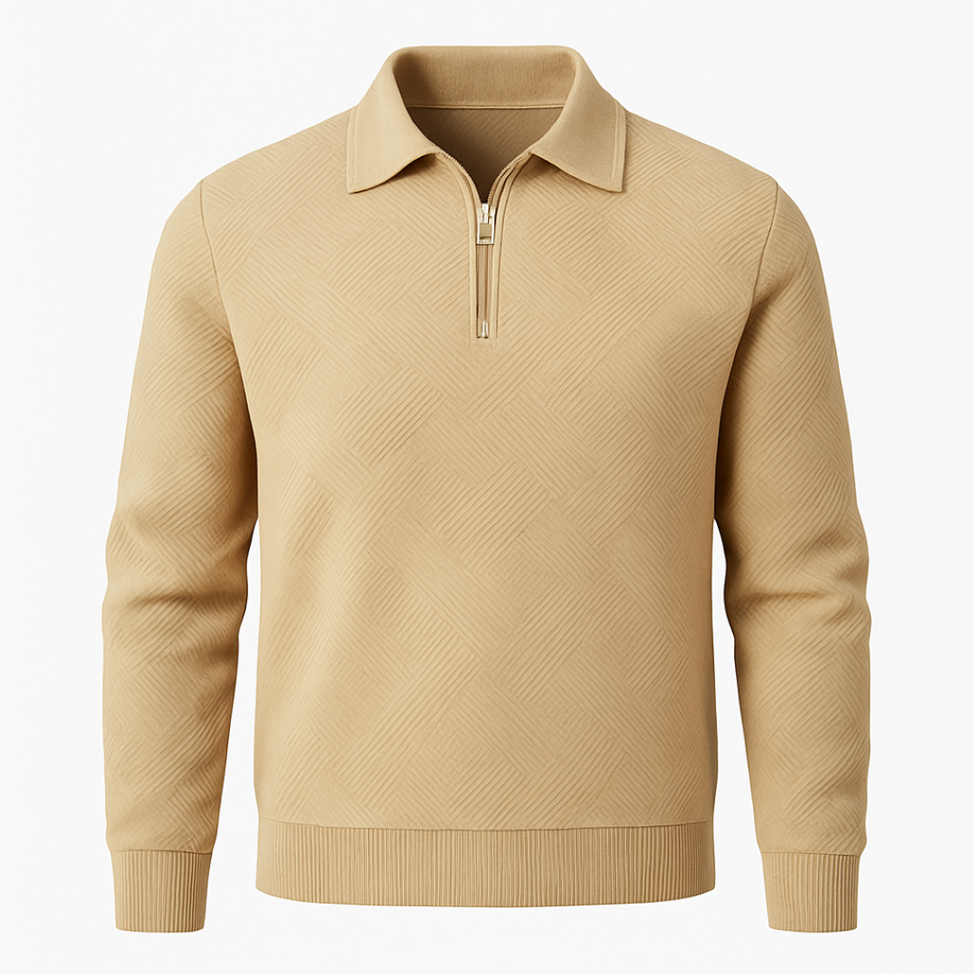 Victor | Textureret herrepullover med kvart lynlås - Moderne pasform - Khaki - men's fashion - {{ product_tags }