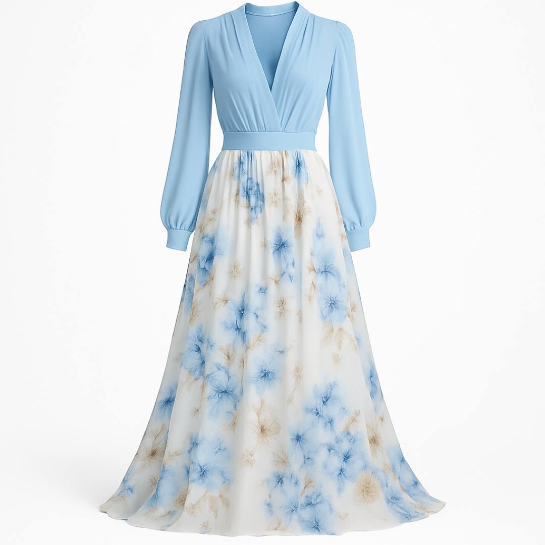 Cloe | Elegant langt kjole med lette ærmer og blomsteret nederdel - lyseblå og hvide blomster - women's fashion - {{ product_tags }